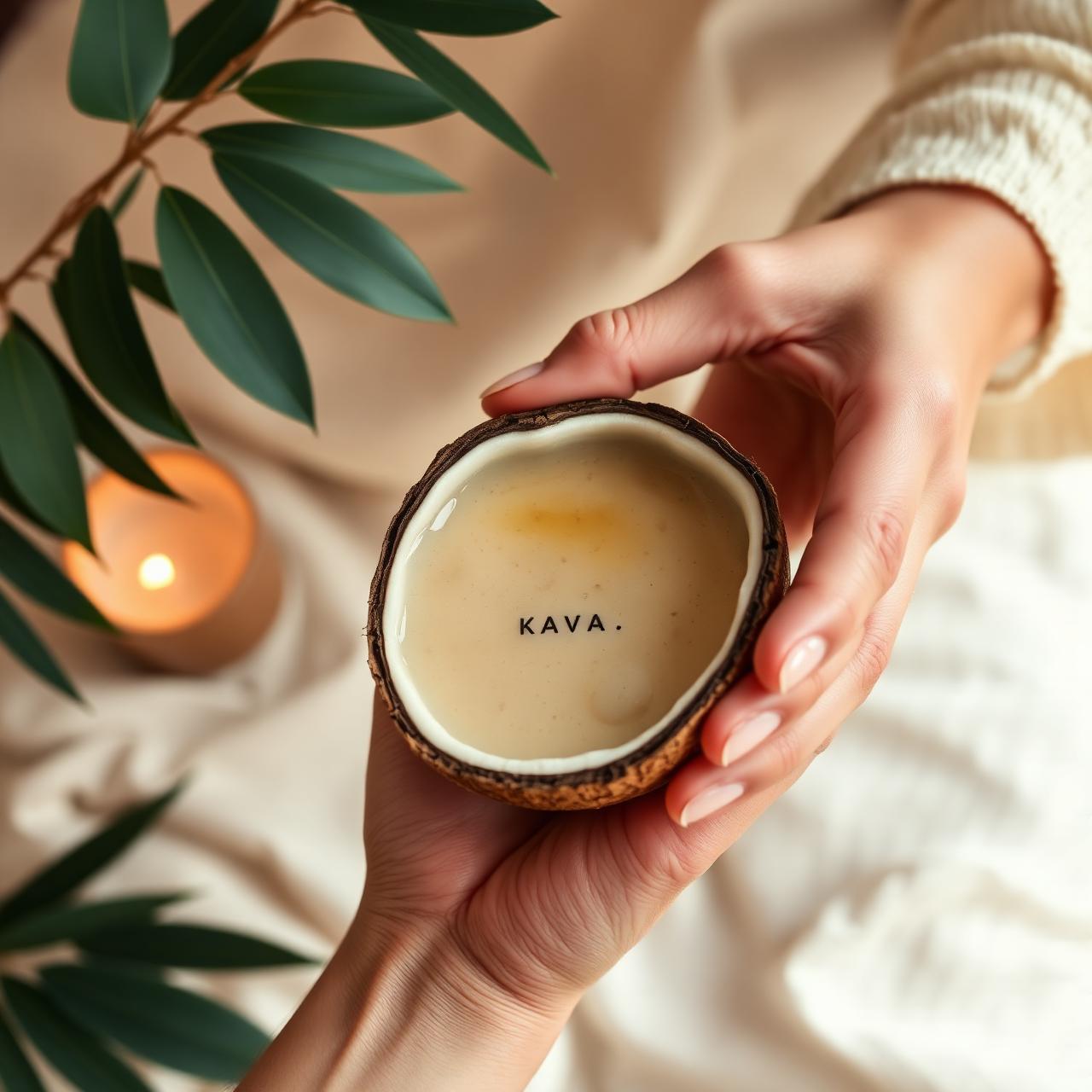 Hands holding a coconut shell of kava among botanicals